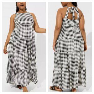 Torrid NWT Cutie Pie Gingham Halter Maxi Dress 1X Washable Gauze Black Check